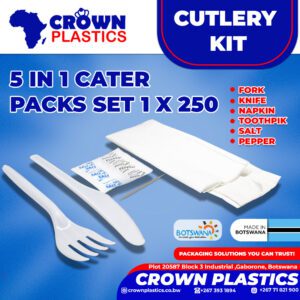 SET 5-1 PL FORK, KNIFE, NAPKIN, SALT & PEPPER PLASTIC MEAL PACK SET 1x250's